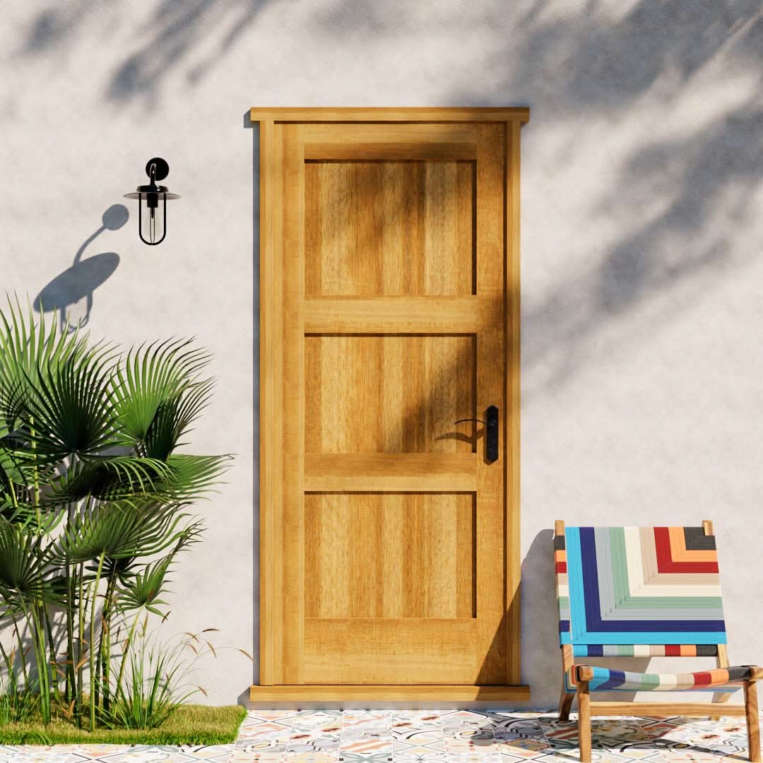 Walnut Wood Shaker Three Panel Front Entry Door