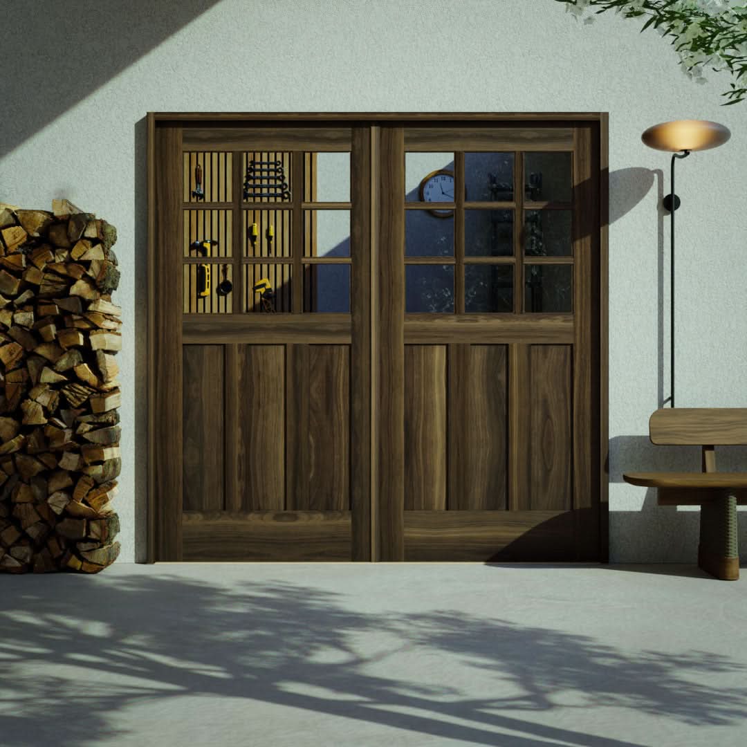 Ballard Walnut Wood Carriage Doors with Nine individual glass panes