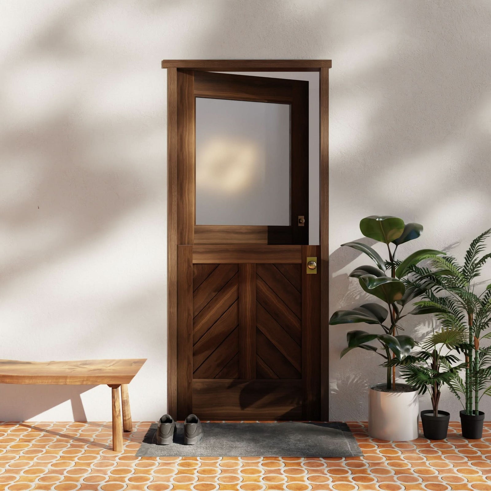 Pre-hung dutch door with shelf and Chevron Panel