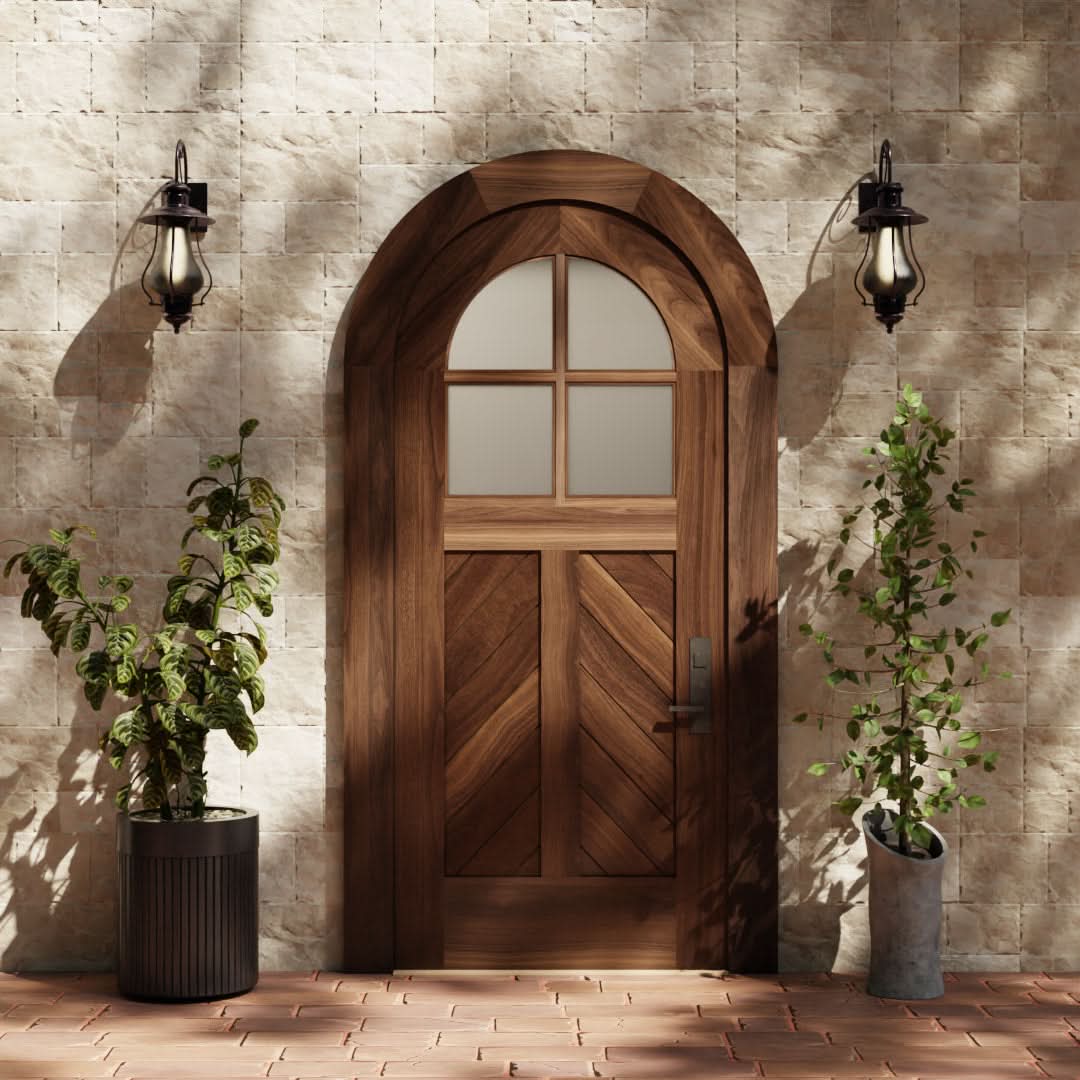Chevron Panel Glass Round Top Door in Black Walnut