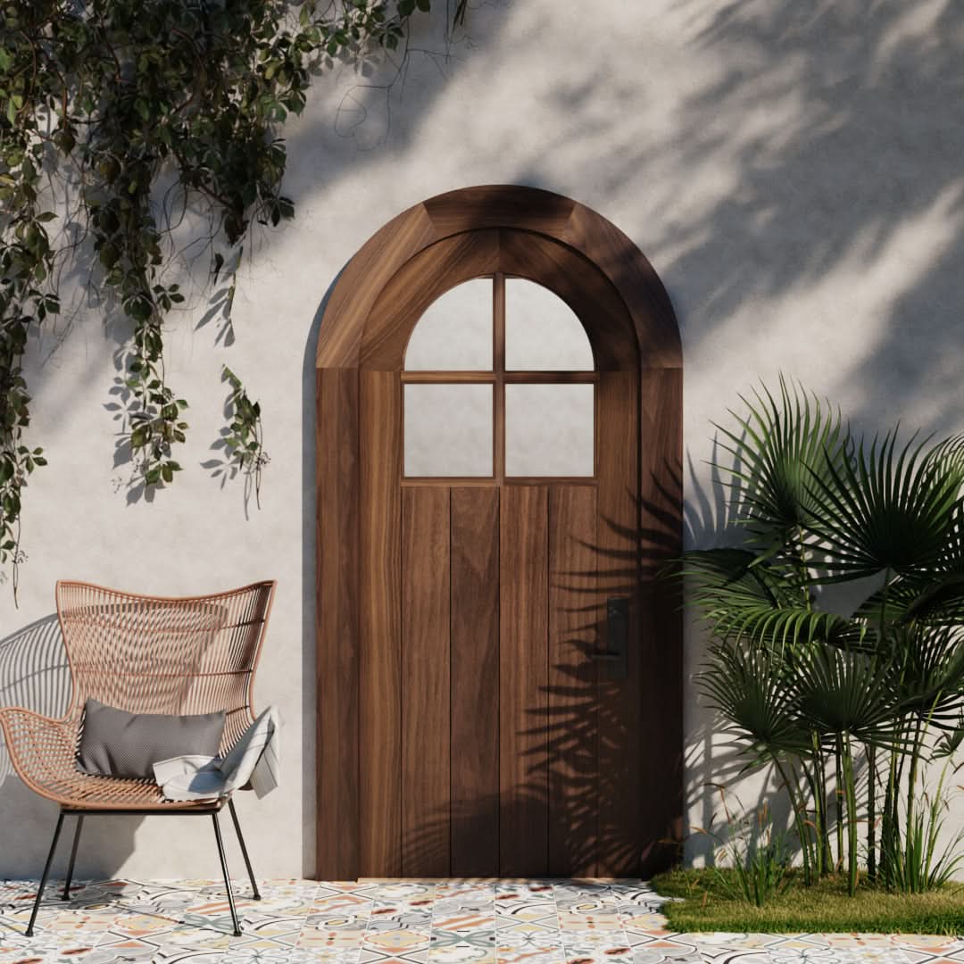 Flush Panel round top door with four glass panel window in black walnut