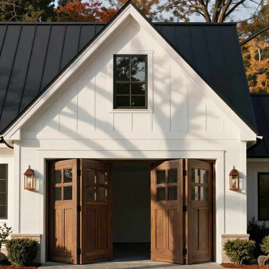 black walnut bifolding doors on plain background