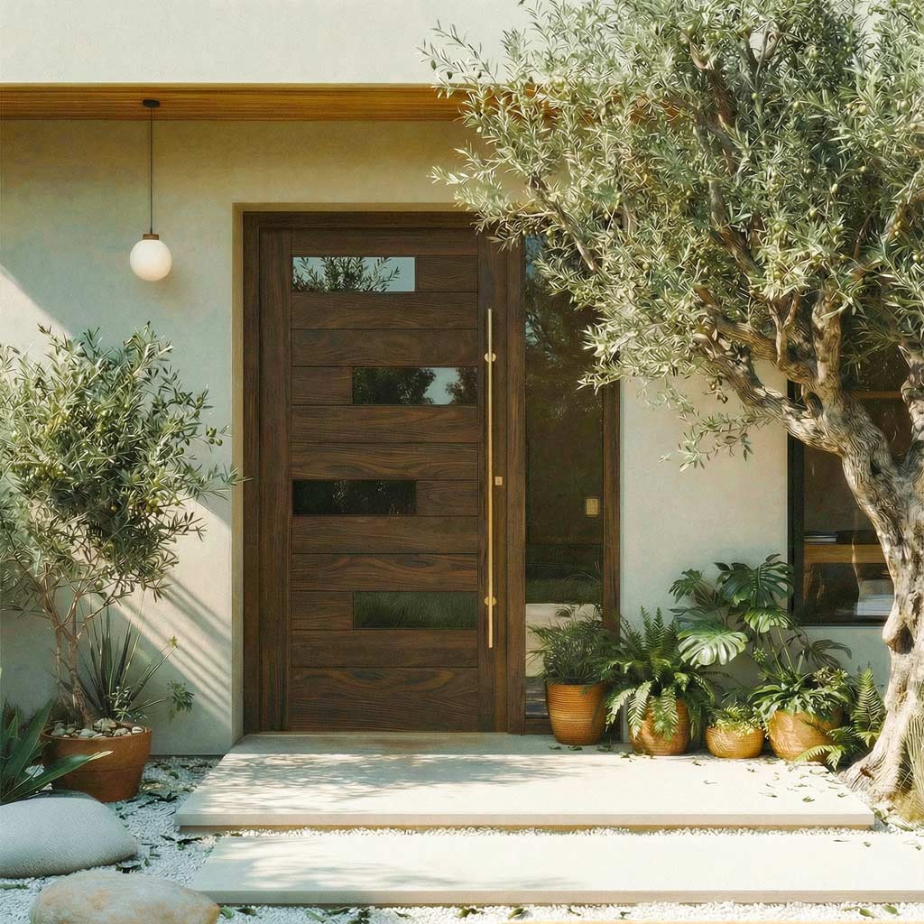 Ojai Offset Slat Modern Wood Front Door With Glass by Real Craft on a white background.