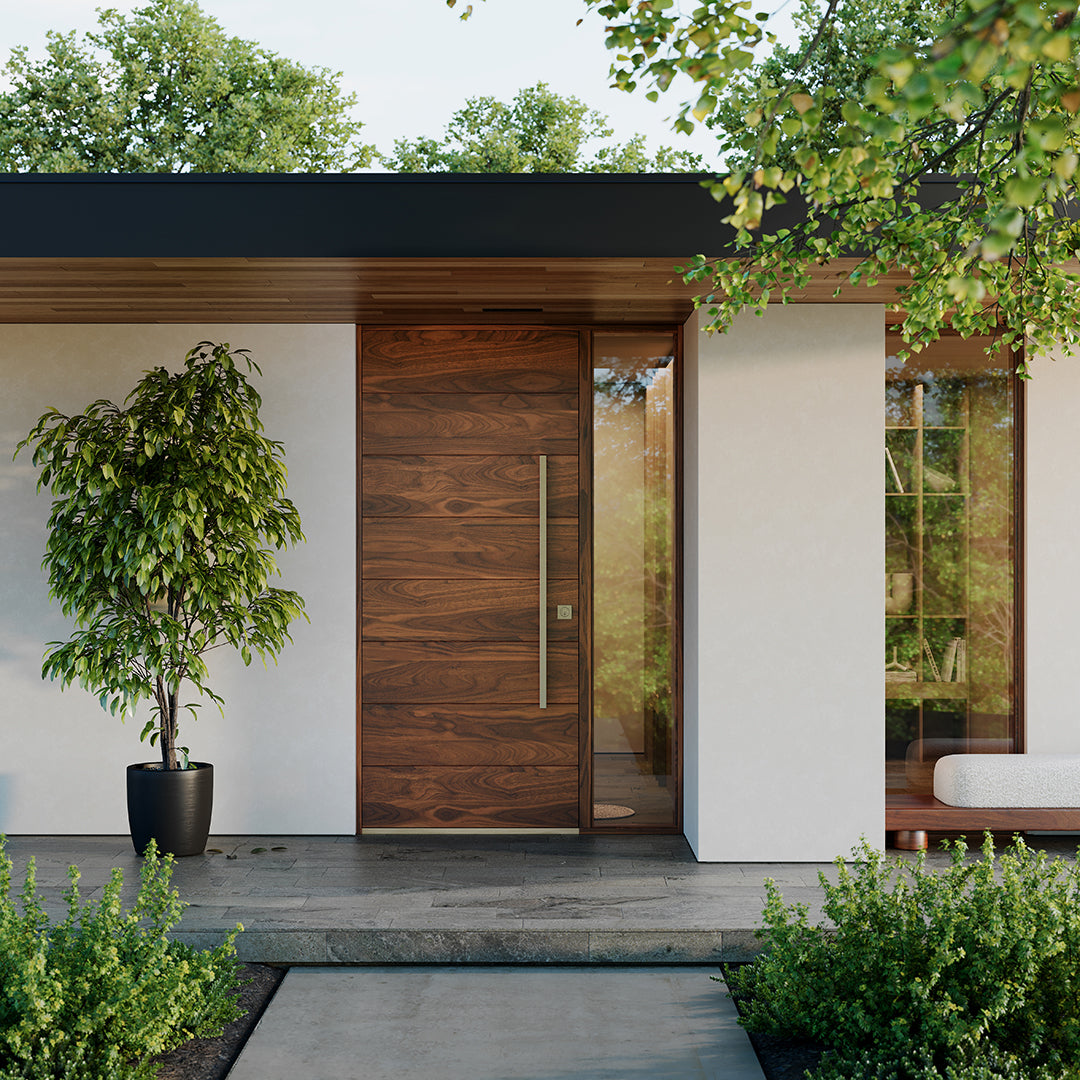 Pacifica Horizontal Plank Modern Entrance Door by RealCaft in walnut wood in a white background