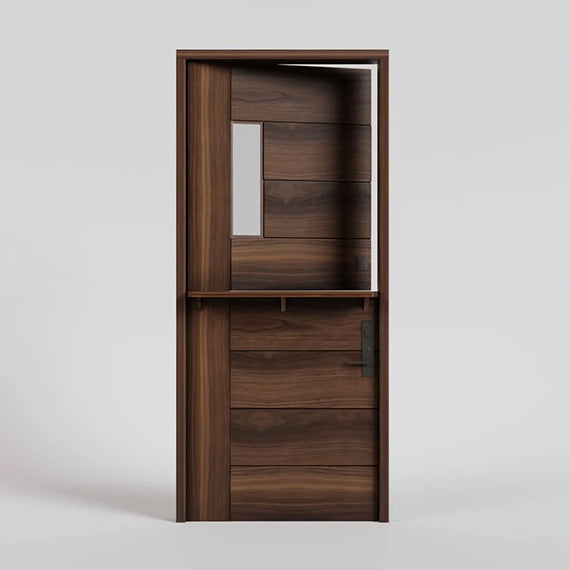Wooden door with a modern design on a gray background