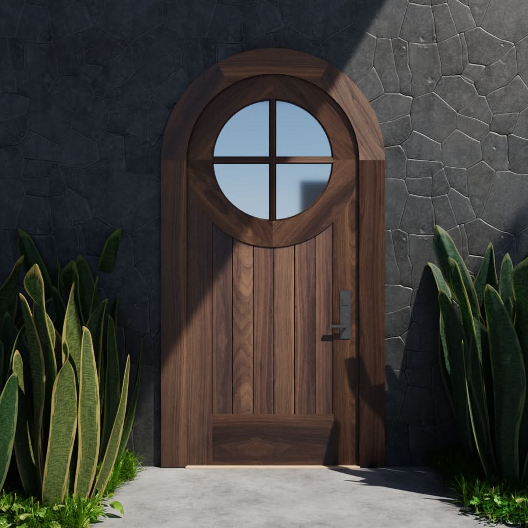 Round window four panel glass door in Black Walnut