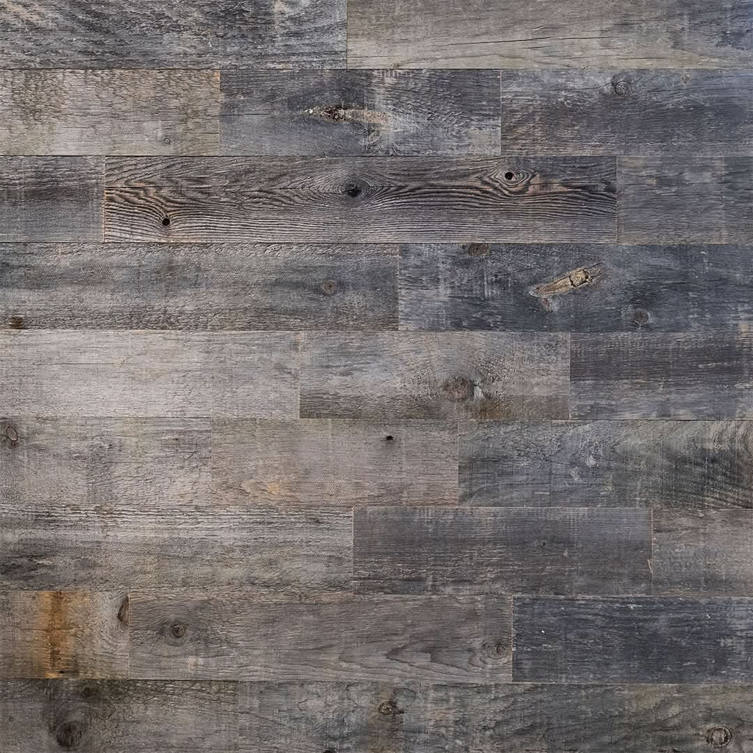 Modern Kitchen with gray cabinets and a gray reclaimed wood accent wall