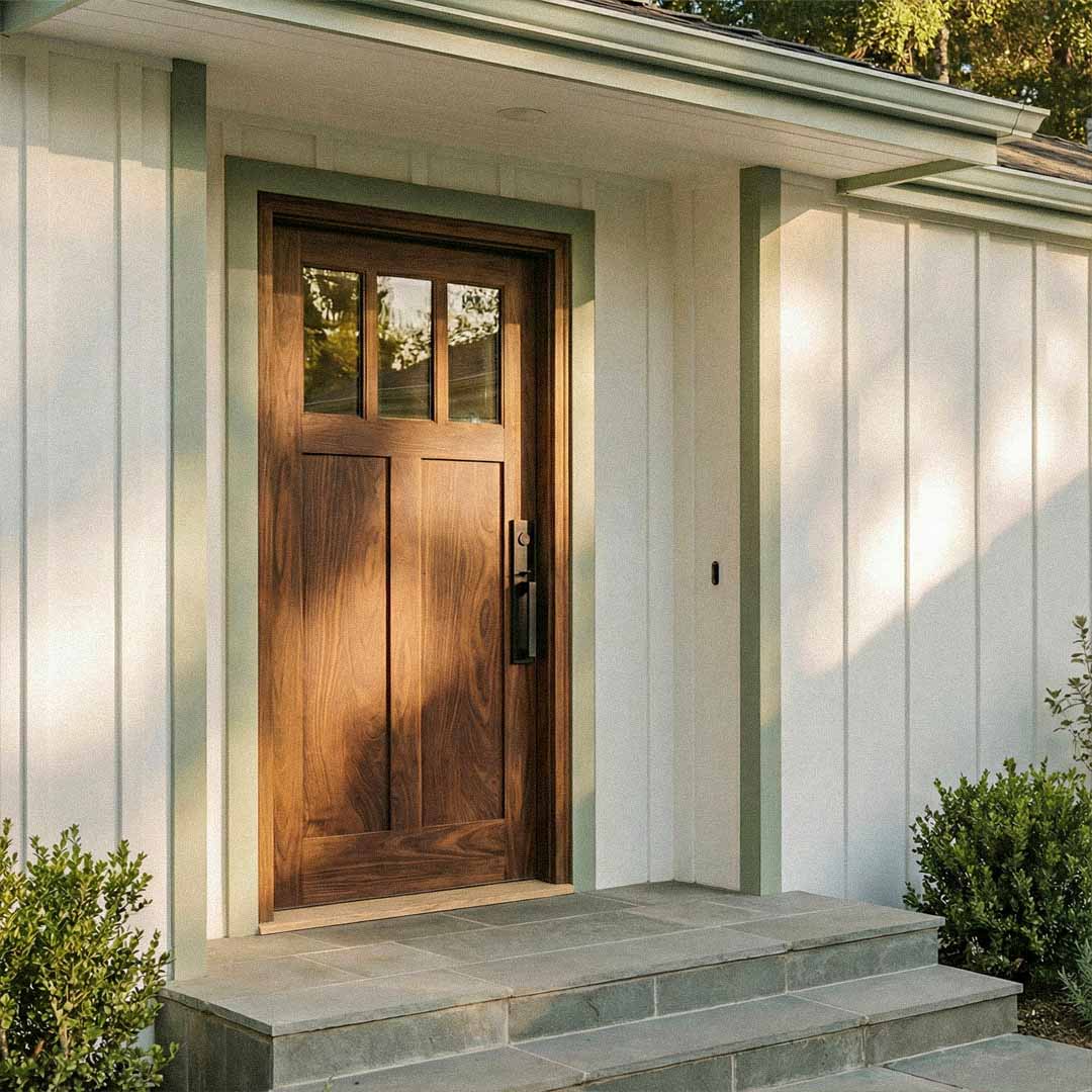 Wooden door with glass panels on a gray background